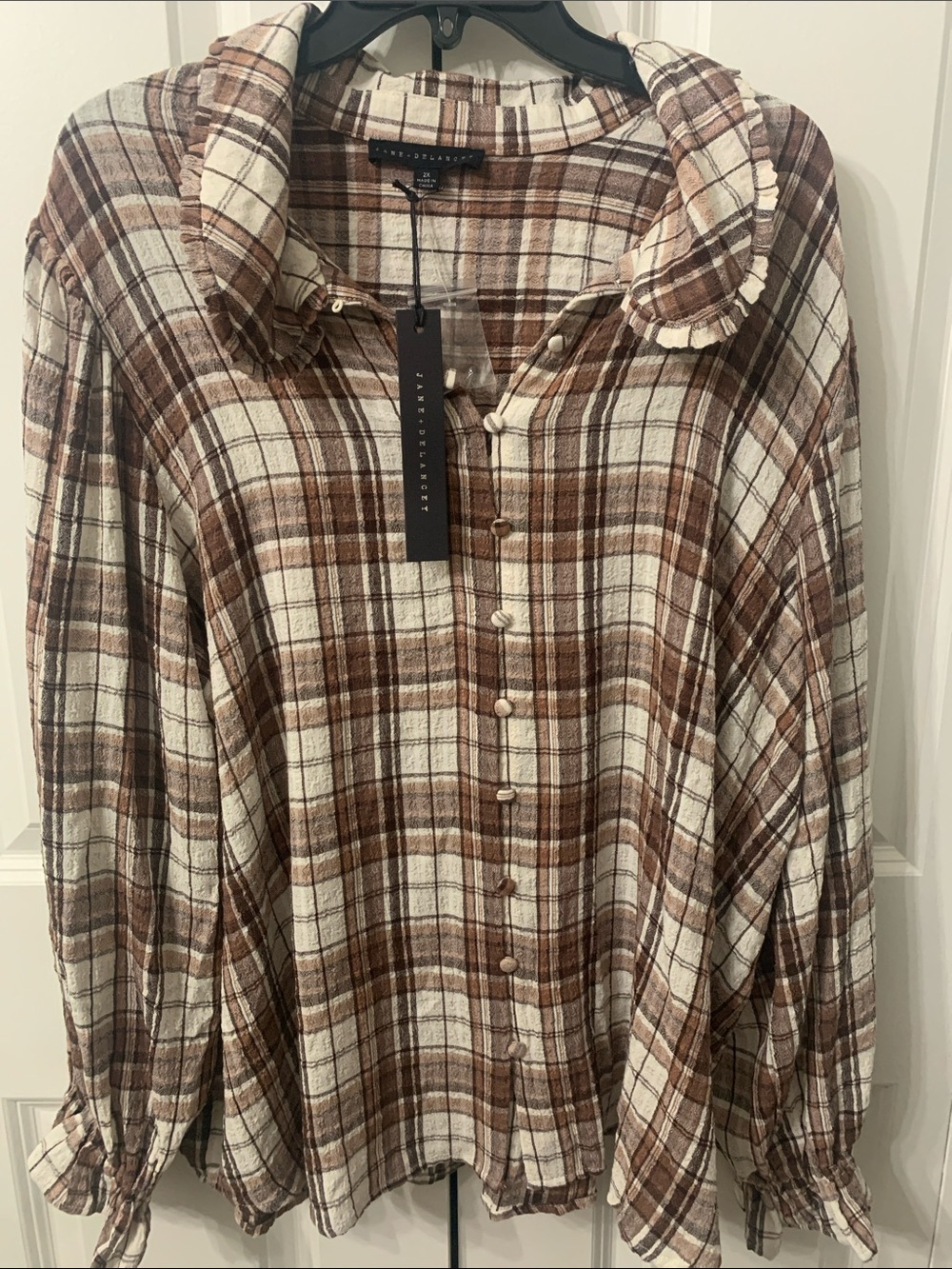 Jane and Delancey Brown and Cream Plaid Button-Down Shirt